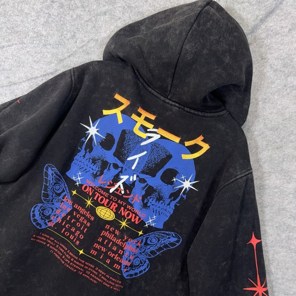Smoke Rise Welcome To My World Hoodie Mens Sz M Black Distressed